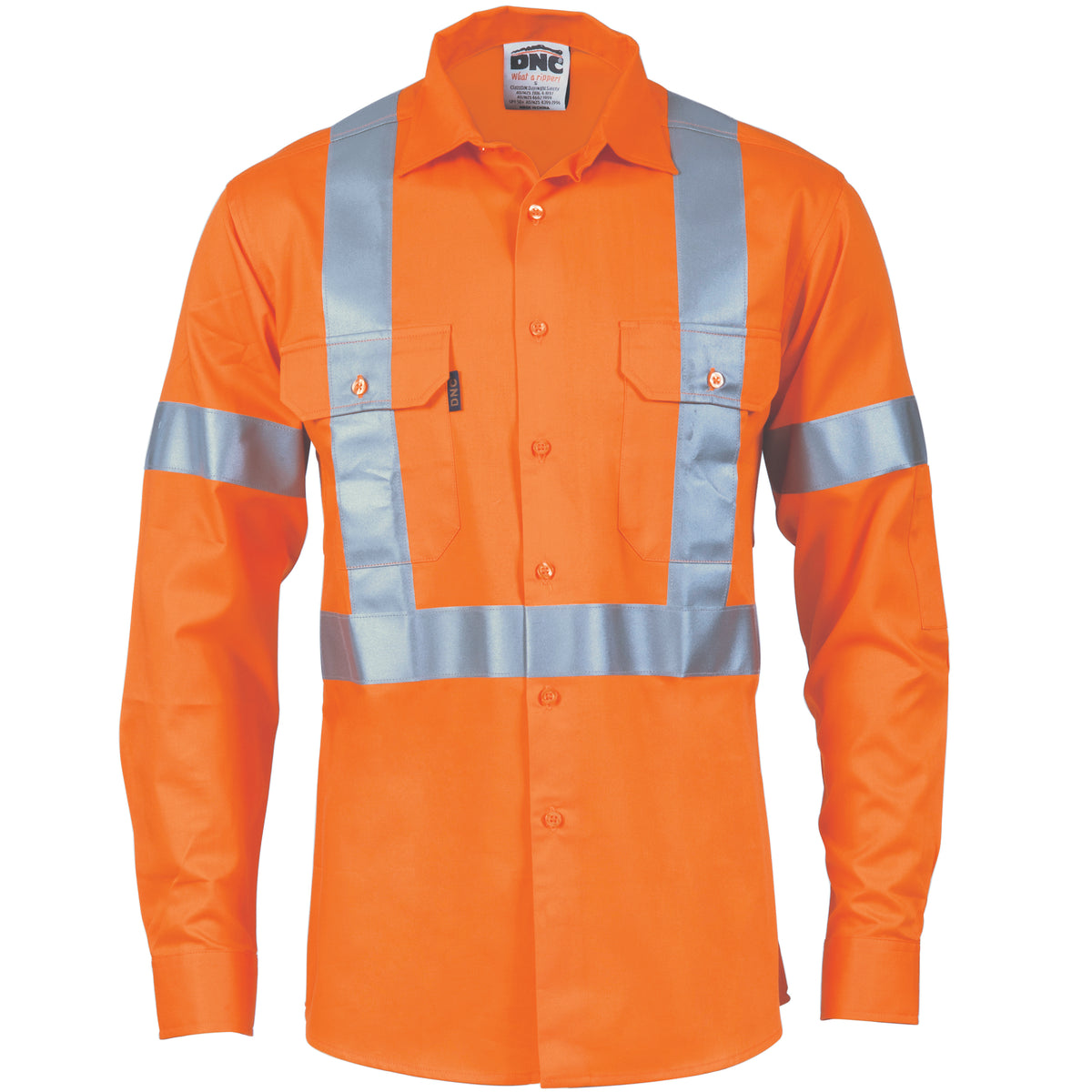 HiVis D/N Cotton Shirt with "X" Back CSR R/Tape - Long Sleeve — DNC Workwear colour image