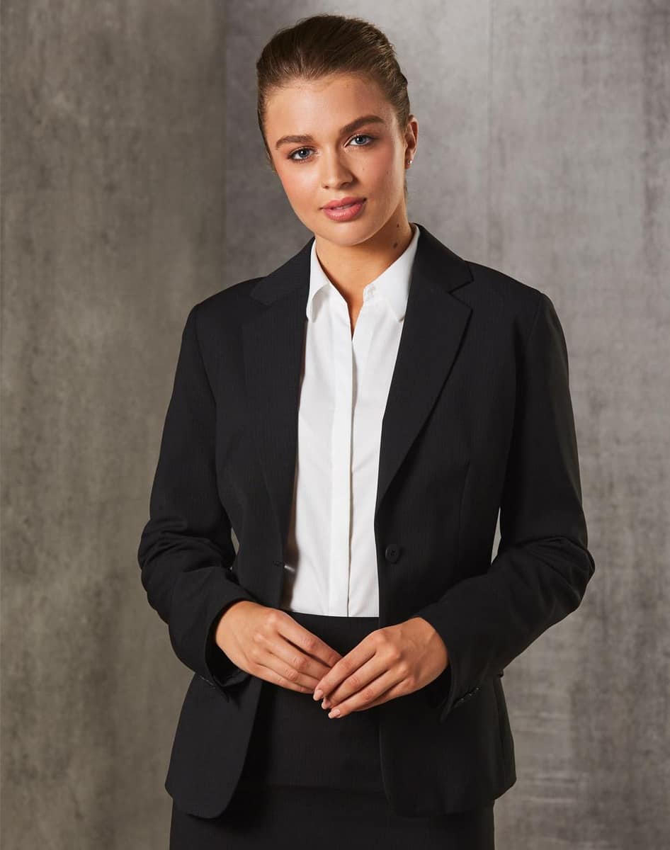 M9208 Women's Poly/Viscose Stretch Stripe One Button Cropped Jacket - M9208