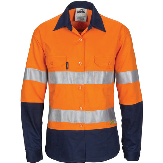 Ladies HiVis 3 Way Cool-Breeze Cotton Shirt with Gusset Sleeve, CSR R/Tape - Long Sleeve — DNC Workwear colour image