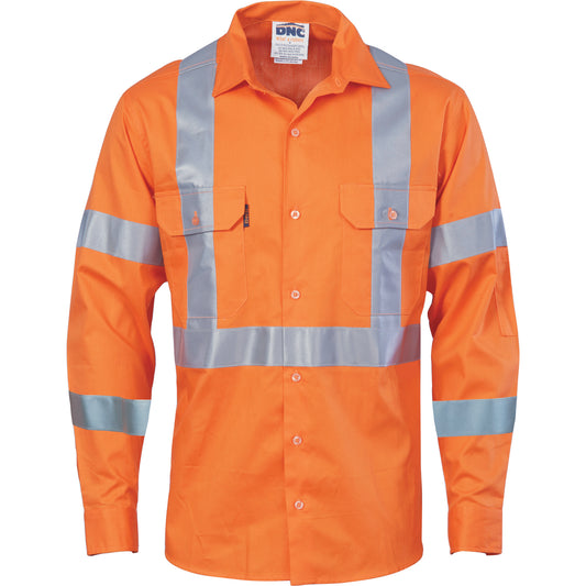 HiVis Cool-Breeze Cotton Shirt with Double Hoop on Arms & "X" Back CSR R/Tape - Long Sleeve — DNC Workwear colour image