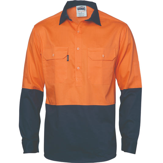HiVis Two Tone Close Front Cotton Drill Shirt with Gusset Sleeve - Long Sleeve — DNC Workwear colour image