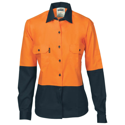 Ladies HiVis Two Tone Cotton Drill Shirt - Long Sleeve — DNC Workwear colour image