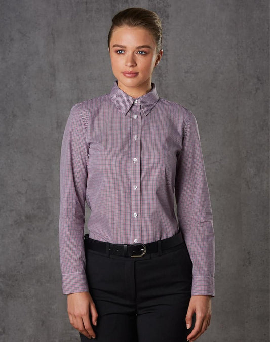 M8340L Ladies’ Two Tone Mini Gingham Long Sleeve Shirt - M8340L