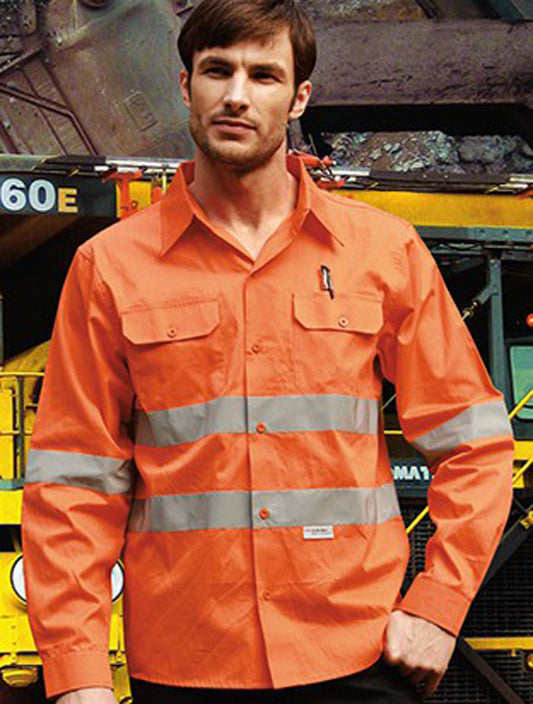 Unisex Adults Hi-Vis L/S Cotton Drill Shirt With Reflective Tape (SS1233)